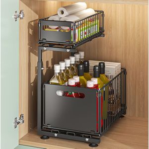 TEMU 2-stufiger Metall-Unterschrank-Organizer, Ausziehbare Schrankschränke für Küche und Badezimmer, Ausziehbare Unterschrank-Schrank-Organizer, Schwarz - 1 Stück und 2 Stück auswählen