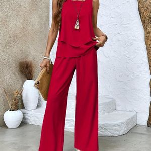 TEMU 2-teiliges Damen-Set: Einfaches, minimalistisches Ärmelloses Oberteil mit Rundhalsausschnitt und Hose für Neujahrsoutfits