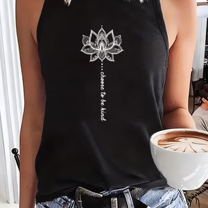 TEMU Frauen Y2K-inspiriertes Ärmelloses Tanktop - Casual, lockerer Schnitt, hellgrau mit Lotusblüte und ""Wähle ""-Druck, für Frühling und Sommer, Casual Wear|Lotusblüten-Top|Dehnbares Gewebe