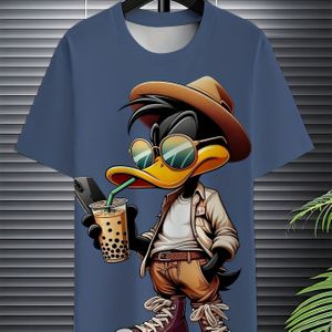 TEMU Herren-T-Shirt mit 3D-Cartoon-Enten-Grafik | Roter Rundhalsausschnitt Kurzarm | 100% Polyester-Stretchstoff | Lässiges Sommerstrickoberteil mit Lustigen Brillen & Smartphone-Design, Enten-T-Shirt