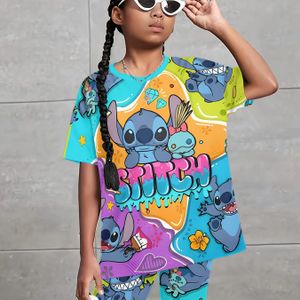 TEMU Disney Stitch Mädchen Kurzarm-Shorts Sportanzug Stitch Mädchen Kurzarm-Shorts Anzug mit 3D-Graffiti-T-Shirt Shorts Modeanzug, bequem und weich für draußen geeignet, für Draußen