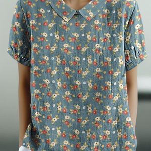 TEMU Shimida Damen Frühling/Sommer Vintage Blumenmuster Freizeithemd mit Kragen und Kurzarm