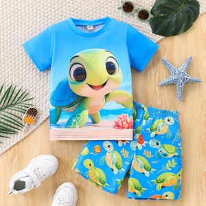TEMU Jungen lässiges Sommer-Outfit - Schildkröten-Design Kurzarm-T-Shirt & Shorts-Set, Polyester-Mischung, Tierdruck, lockerer Schnitt, für Strand oder Urlaub, für draußen