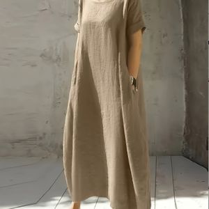 TEMU Sommerkleid für Damen mit Rundhalsausschnitt, Kurzarm und lockerer Passform ? Elegantes Midi-Rock in Uni-Farbe mit Tasche
