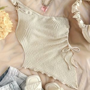 TEMU Elegantes einärmiges Tanktop für Damen - einfarbig, mit gerüschtem Design und Kordelzug-Detail, ideal für Frühling/Sommermode, lässige Sommerbekleidung | Minimalistischer Stil | Kordelzug-Detail