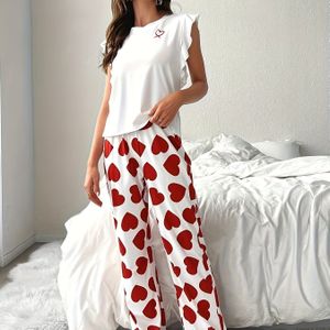 TEMU Süßes Pyjama-Set für Damen mit Herz-Print, Oberteil und Hose mit Rüschenärmeln und Rundhalsausschnitt, bequeme, entspannte Passform