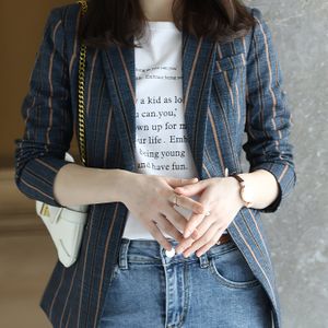 TEMU Elegante 2024 Blaue Gestreifte Blazer - Chic Langarm Damenanzug mit Goldener Kette Schultertasche, Stilvoller Blazer|Gestreifter Blazer|Ein-Knopf-Schließer