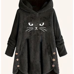 TEMU Plüsch-Hoodie Mit Katzenmuster Und Abgesenktem Saum, Lässiges Langarm-Hoodie-Sweatshirt Mit Knöpfen, Damenbekleidung