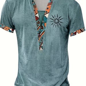 TEMU Herren Stilvoller Grüner V-Ausschnitt Sonnenprint T-Shirt - Lässiges Kurzarm Sommeroberteil mit Bunt Geometrischen Mustern, Knopf Details und Subtiler Stretchstoff