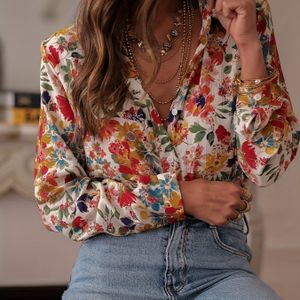 TEMU Damen Vibrant Bluse mit Blumendruck und Knopfdetails - Langarm, Reverskragen, leichter Polyester, für Frühling/Sommer/Herbst, lässig und stilvoll Oberteil für lässige Kleidung, Blumendruck Bluse