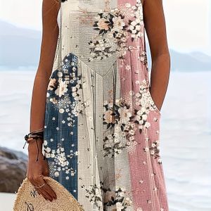 TEMU Schicker Plus-Size-Blumen-Romper - Ärmellos, Quadratischer Ausschnitt mit Verstellbaren Trägern, Maschinenwaschbar - für den Urlaub, Kurze Hose mit Gürtel