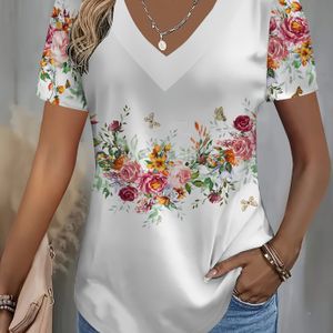 TEMU Elegante Damen-T-Shirt mit V-Ausschnitt und Blumenmuster - Stilvolle Kurzarm, 3D-Färbung, leichter Polyester-Oberteil für alle Jahreszeiten, für lässige oder formelle Anlässe, Damen-T-Shirt