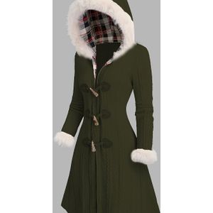 TEMU Y2K-inspirierter Karomuster-Kapuzenmantel für Damen mit Kunstpelzbesatz und Hornknöpfen - Langer Strickmantel, Maschinenwaschbar, für Herbst & Winter