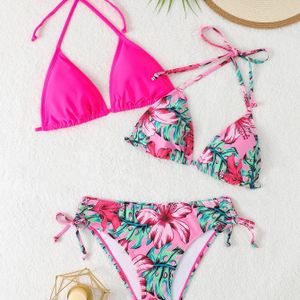 TEMU [1 Set Bikini mit Blumenmuster für Damen] 1 Set Bikini mit Blumenmuster für Damen, Polyester-Knit-Stoff mit hoher Elastizität, Knotendetail, Zweiteiler-Bademantel mit Bundoberteil und Unterteil
