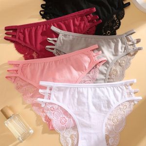 TEMU 5 Stück Damen einfarbige Spitzenbesatz Mode hohle Dreieck Slips, Polyester, Sexy, Strickstoff, 180g/m², mit Kontrastspitze für Damen