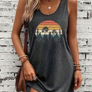 TEMU Urlaubsdruck Tanktop-Kleid, Kurzarm Rundhals Freizeitkleid für Sommer & Frühling, Damenbekleidung