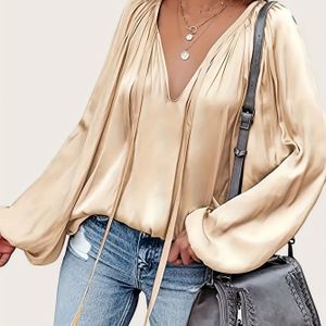 TEMU Elegante grüne französische Satinbluse mit Krawatten-Vorderteil - V-Ausschnitt, langer Ärmel, gerüschtes Design für Frauen - Stilvolles All--Shirt für Casual- oder Fest-Outfits, Damenblusen