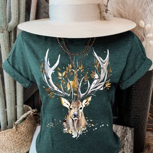 TEMU Damen Stilvolle Hirsch-Print Kurzarm T-Shirt - Lässiger Rundhalsausschnitt, Ganzjahresbekleidung, Lässige Kleidung | Naturthema Oberteil | Bequeme Passform, Hirsch-Print Shirt