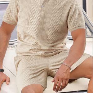TEMU Zweiteiliges Set, Herren-Sommer-Outfit, Jacquard-Set, Rundhals, Kurzarm, Shorts mit Kordelzug, hochgewichtige Stoffe, lässiges Outfit.