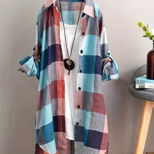 TEMU Kariertes Hemd mit Kragen und Knopfleiste in Übergröße, lässiges Langarmhemd für Frühling & Herbst, Damenmode in Übergröße