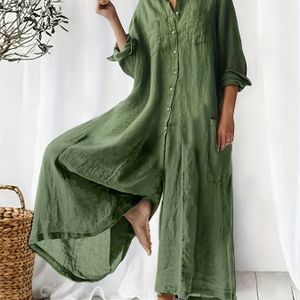 TEMU 1 Stück Damen Midi Palazzo Jumpsuit, einfarbig, langärmelig, locker sitzend, Cardigan-Kragen, gewebter Stoff aus Rayon/Viskose, Knopfdetail, Frühlings-/Herbstmode