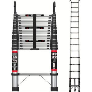 TEMU 14.4ft Edelstahl Teleskopleiter mit 2 Haken, Rutschfest, Tragbare Verlängerungsleiter für Innen- und Außenbereich, 150kg Tragfähigkeit, 15 , Dachbodenleiter