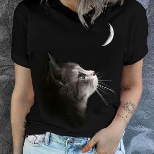 TEMU Kurzärmeliges T-Shirt mit Katzen-Print, lässiges Oberteil mit Rundhalsausschnitt für Frühling und Sommer, Damenbekleidung