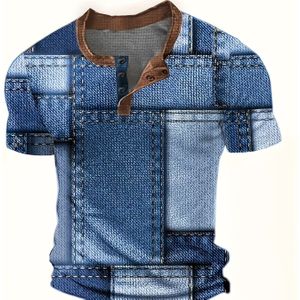 TEMU Herren Freizeit-Waffelstrick-Henley-T-Shirt mit 3D-Denim-Druck & Knopfdetail - Kurzarm, Rundhalsausschnitt, Leichte Polyester-Mischung für Sommeraktivitäten im Freien