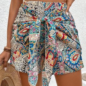 TEMU Shorts mit hoher Taille und Paisley-Print, Shorts mit Knoten vorne im -Stil für Frühling und Sommer, Damenbekleidung