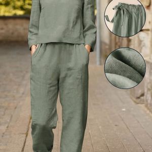 TEMU Herbstliche neue beliebte einfarbige Rundhals-Langarm-Shirt und Stretchhose mit Tasche, lässige lockere Anzug für den