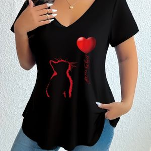 TEMU Damen Plus Size Elegante V-Ausschnitt T-Shirt mit Katze & Herz Design - Bequem, locker sitzend, kurze Ärmel Schwarze Oberteil für Frühling/Sommer, Casual Wear | Spielhaftes | Dehnbarer Stoff