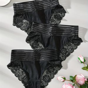 TEMU 3er-Pack Damen Spitzen-Slips, Sexy High-Waist Spitzenbesatz, Atmungsaktive , Modische Schwarze Unterwäsche, Lässige Slim Fit Damenhöschen, Marke DORSU, Strickstoff, Spitzendetails, Slip-Stil