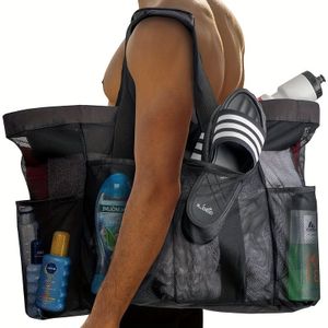 TEMU Große Mesh-Strandtasche mit mehreren Taschen, multifunktionale Schwimmtasche, dicke Strandtasche