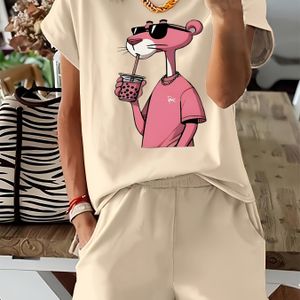 TEMU Damenmode 2-teiliges Set Kurzarm Shorts Anzug T-Shirt Tiermuster Rundhals Kurzarm Oberteil Lässige Shorts Set