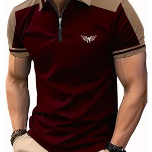 TEMU Herrenmode 3D Digitaldruck Reißverschluss Polo Shirt, Sommerkomfort, , geometrisches Muster, Kurzarm, Regular Fit, 100% Polyester, leicht dehnbar, 150g/m² Strickstoff, halber -Kragen