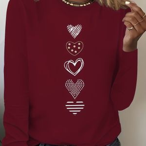 TEMU Lässiges T-Shirt mit Herzaufdruck, Rundhalsausschnitt, Langarmshirt für Frühling und Herbst, Damenbekleidung