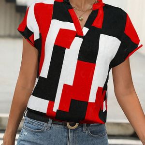 TEMU Elegante Damenbluse mit geometrischem Muster und V-Ausschnitt mit Fledermausärmeln - Polyester, maschinenwaschbar - für den Sommer