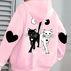 TEMU Plus-Size-Damen-Hoodie mit Katzenprint - Bequemer Langarm-Pullover mit Herz- und Katzendesign, Leichtes 100% Polyester, Maschinenwaschbar, für Freizeit oder Sportkleidung