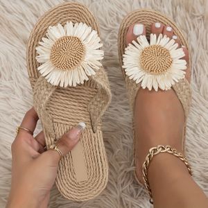 TEMU Blumenleinen-Slide-Sandalen für Damen - Sommerstrandhausschuhe mit EVA-Sohle, Flache Slipper zum Anziehen für Freizeitaktivitäten, Atmungsaktive & Bequeme Schuhe für Drinnen/Draußen