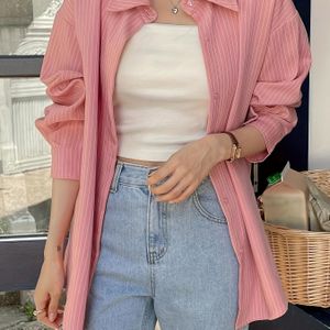 TEMU Damen Hellrosa Gestreiftes Langarmhemd mit Knopfleiste - Lässiger Kragen, Maschinenwaschbar, Weicher Polyesterstoff für Frühling/Sommer/Herbst
