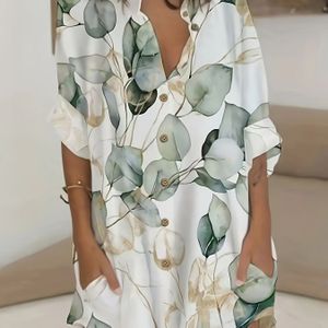 TEMU Plus Size Casual Bluse, Damen Plus Blumenmuster Knopfleiste Langarm Rundhals Top