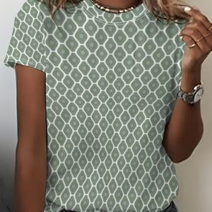 TEMU Damens Freizeit-T-Shirt mit Grafikdruck, Kurzarm und Rundhalsausschnitt, Leicht & Atmungsaktiv für Frühling/Sommer, Allover-Geometrisches Muster in Petrolblau, Maschinenwaschbar