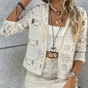 TEMU Schicker Spitzen-Kapuzen-Cardigan für Damen - Lässige Reißverschlussjacke mit aufwendigem Ösenmuster, Langarm, Leicht für Alle Jahreszeiten, Stilvolle Überwurfjacke|Kapuzenjacke|Spandex-Mischung