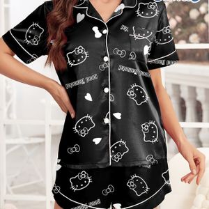 TEMU Hello Kitty Sanrio Pyjama-Shorts mit Kurzarm und offener Vorderseite mit Knöpfen Satin-Pyjama-Set