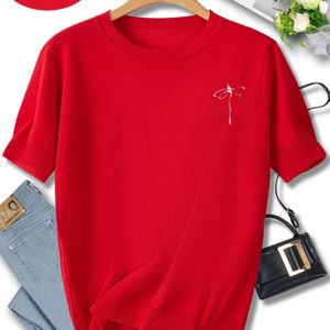 TEMU Damengemusterte Rundhals-Pullover mit Kurzarm ? Leichter Polyester für Frühling/Sommer, Vielseitiges Modeaccessoire