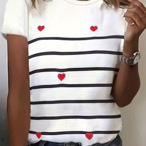 TEMU Europäische und Amerikanische Frühling und Sommer Damen Gestreiftes Love Element Digitaldruck Freizeit-T-Shirt + Nian Nian, Damen T-Shirts