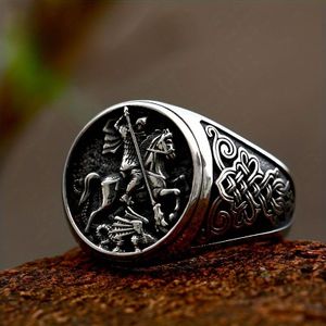 TEMU Vintage Krieger zu Pferd Edelstahl Ring - Nordischer Wikinger Keltischer Knoten Herren Modeschmuck, Antiker Stil Einzelband, Keine Beschichtung, Massive Metallkonstruktion