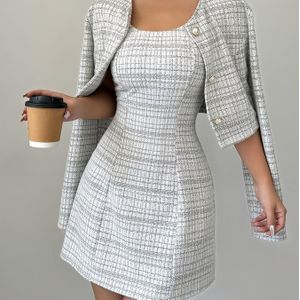 TEMU Elegantes -Kleid und -Set für Damen - Mini-Kleid mit Knopfleiste, dehnbarer Polyesterstoff, für Herbst und Winter, stilvolles und bequemes Outfit|Chic Mini-Kleid|Geknöpfter , süße Kleider