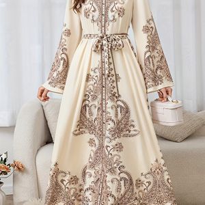 TEMU Damendress mit elegantem -Gefleckt-Muster, Langarm und Schleifenbund, Rundhalsausschnitt ? Maschinenwaschbar für Frühling, Sommer & Herbst, Maxikleid ohne Stretchstoff, kunstvolles Design
