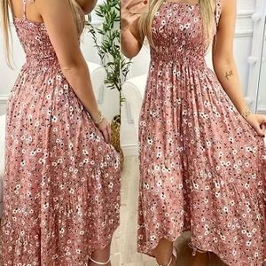 TEMU Elegantes Damen-Maxikleid mit Blumenmuster und Ärmellosigkeit - Gerüschte Schulterträger, Geraffte Taille, Leichtes Polyester, für Sommerausflüge